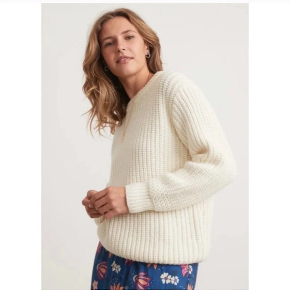 Marine Layer Oversized‎ Crew Neck Sweater Ivory Cream Cotton/Wool Fisherman